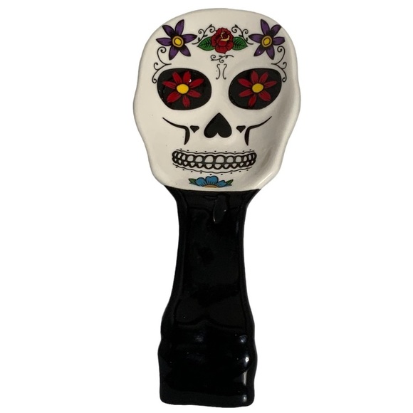 Sugar Skull Spoon Rest Ceramic Hand Painted Unique Day of the Dead White Black - Picture 8 of 16